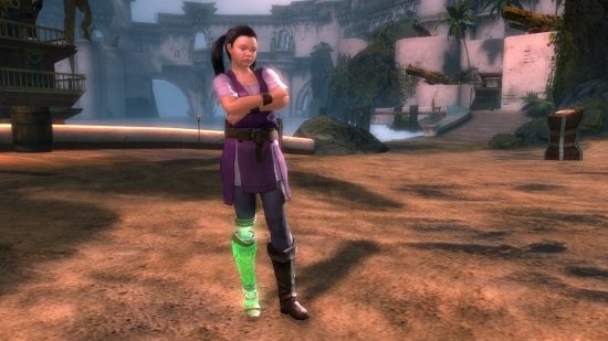 New Guild Wars 2 character brings real-life hero to the MMO: A little girl with black bunches wears a pinafore and stands with her arms crossed with a bright green prosthetic leg