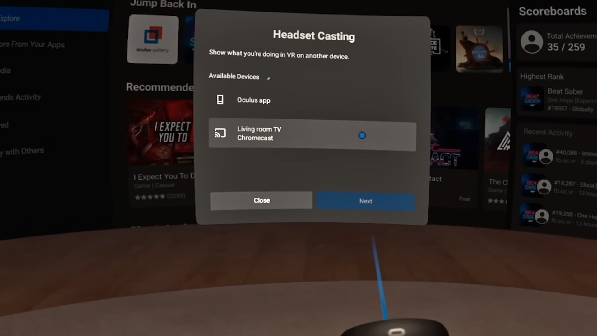 How to connect Oculus Quest 2 to a TV: screenshot of Chromecast connection menu