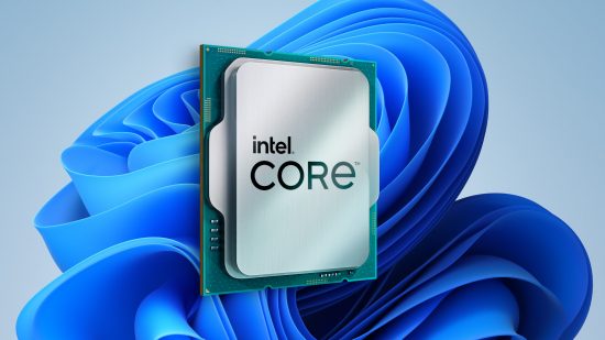 A 13th Gen Intel Core processor floating against a Microsoft Windows 11 'bloom' logo