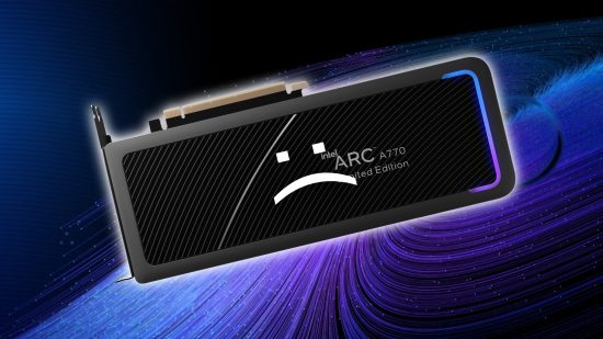 Intel Arc A770 GPU with sad face and purple Intel backdrop