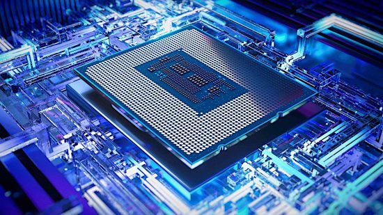 A 13th Gen Intel Core processor, with an LGA1700 socket, amidst a sea of blue silicon