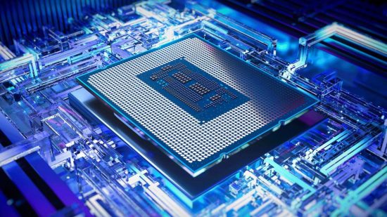 Intel Raptor Lake promotional image with chip on blue backdrop