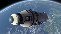 Kerbal Space Program 2 early access release date: A Kerbal can be seen through the window of a command capsule attached to a multi-stage rocket engine soaring high above a blue-green planet