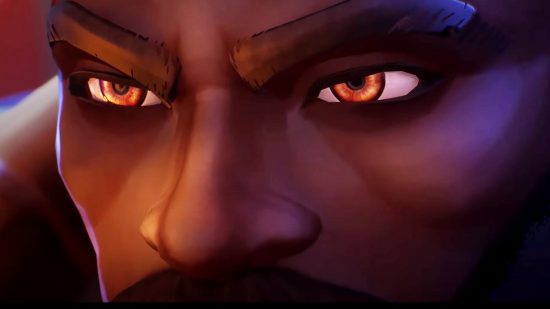 Se revelan las habilidades y la fecha de lanzamiento de League of Legends K'Sante: un primer plano de los ojos de un hombre animado negro que brilla intensamente naranja