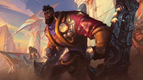 League of Legends K'Sante: Abilities and release date: A black man in red and gold clothing stands with two huge weapons in his hands ready for battle