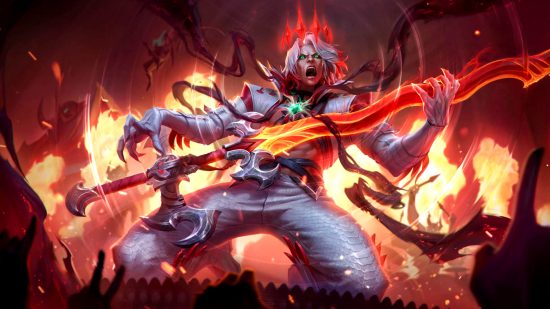 League of Legends Reddit devises perfect change to jungle voting: A man in a white suit with glowing green eyes and a bright red crownlike light above his head plays his sword like a guitar against a flaming backdrop