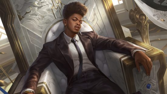 A League of Legends K'Sante queer és fekete, és a Riot büszke rá: egy borotvált afro -val egy fekete ember egy uit -ban ül egy fehér és arany trónon