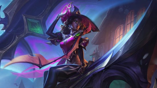 League of Legends patch 12.20: Bewitching skins, Blitzcrank changes: A black woman with dreadlocks in a witch outfits sits on a huge grey gun