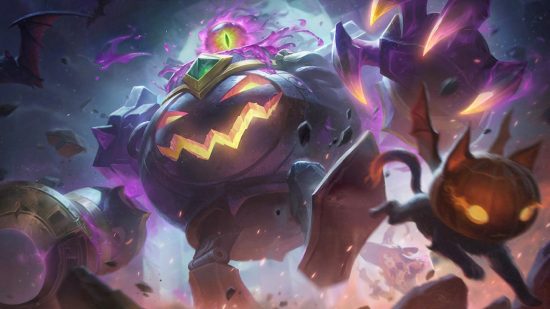 League of Legends patch notes: 12.20 adds Halloween Bewitching skins: A huge robot shaped like a pumpkin with a glowing green and purple eye above it stomps as a cat with a pumpkin as a head runs away