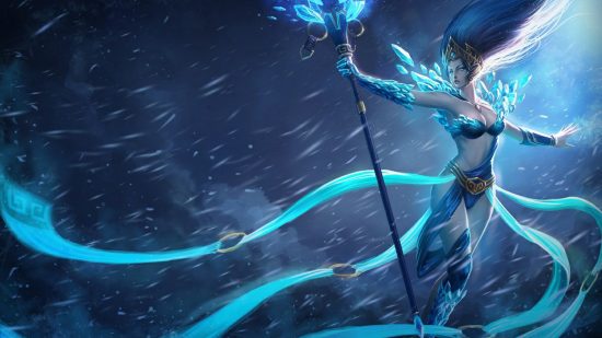 Notes de mise à jour de League of Legends : la mise à jour 12.19 ajoute un nouveau Janna VFX : une femme elfe ornée de givre plane dans un blizzard avec un grand bâton bleu glacé