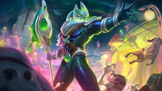 League of Legends Worlds Prime Gaming emote is Nasus, but doge: A small cute puppy in a huge space jackal suit commands small dogs to fight for him while he holds a huge gold and green staff