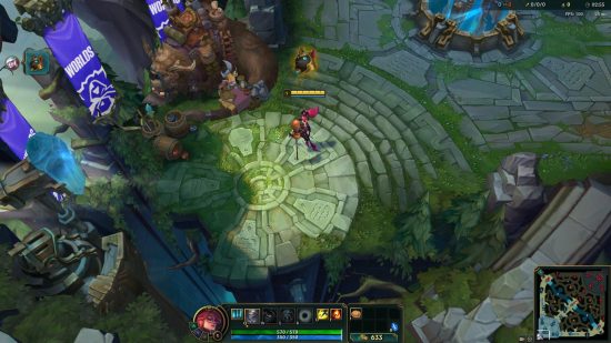 League of Legends Worlds Prime Gaming emote is Nasus, but doge: A woman in a witch outfit with red hair and a staff sands in a stone circle with a cute dog image above her head