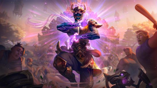 League of Legends ranked rewards 2022 are Sejuani, Malzahar skins: A golden statuesque man hovers in a yoga tree pose emanating purple aura while onlookers look at it in shock