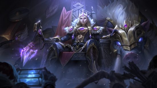 ranked rewards are Sejuani, Malzahar skins: A woman with a crown on sits on a throne wearing a fur lined royal coat with purple gems and gold lining