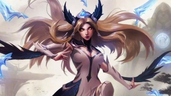 League of Legends song released in contract breach as "it's a banger": A woman with flowing blond hair and a blue crown that looks like wings stands wearing a white and blue bodysuit as blue knives fly at the camera