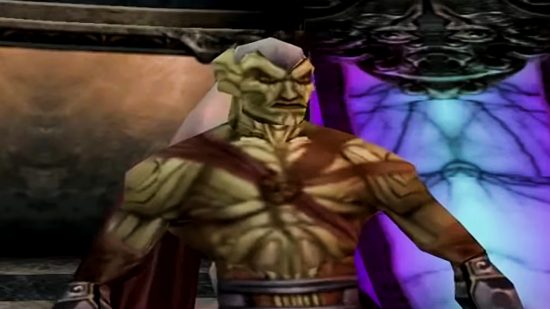Legacy of Kain: Soul Reaver - Kain, the eponymous vampire, stands shirtless in front of a purple glass structure