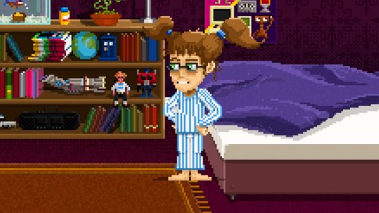 Lucy Dreaming - a young girl with twin ponytails in pyjamas looks at a collection of toys on her booksheves, including a Guybrush Threepwood doll