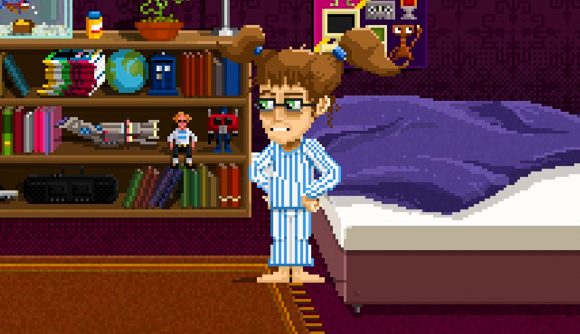 Lucy Dreaming - a young girl with twin ponytails in pyjamas looks at a collection of toys on her booksheves, including a Guybrush Threepwood doll
