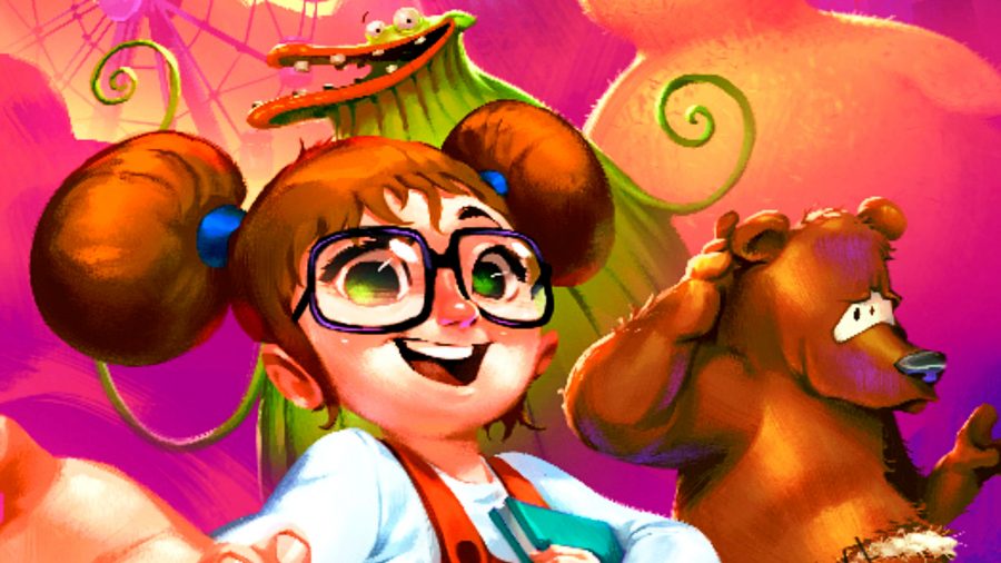 Lucy dreaming - a young girl with her hair in twin buns and glasses, with a large teddy bear and green crocodile-like creature behind her