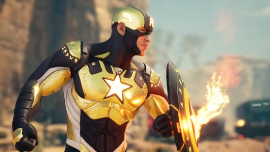 Marvel's Midnight Suns stream: Captain America in a gold and black uniform accented with flames coming out of his shield