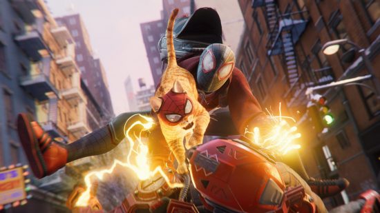 Marvel's Spider-Man: Miles Morales system requirements: Miles Morales and Spider-Cat tackle a goon