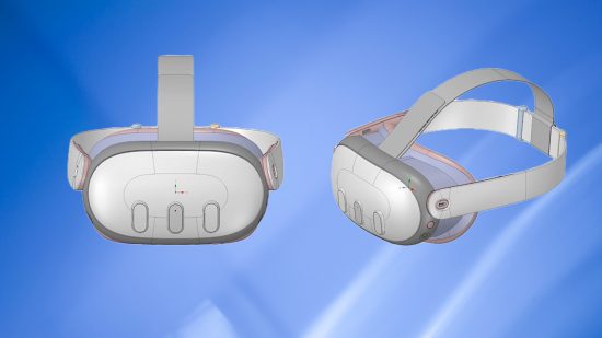 Oculus Quest 3 headset CAD renders on blue backdrop