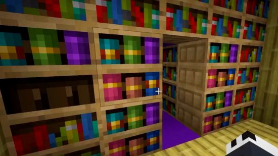 Minecraft 1.20 chiseled bookshelf: a trapdoor opens next to chiseled bookshelf