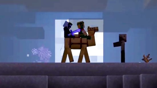 Minecraft camello multijugador y combate: dos jugadores matan a un zombi mientras montan un camello