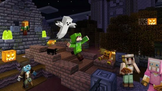 Minecraft Halloween event is here. This image shows some monsters chasing a Minecraft player.