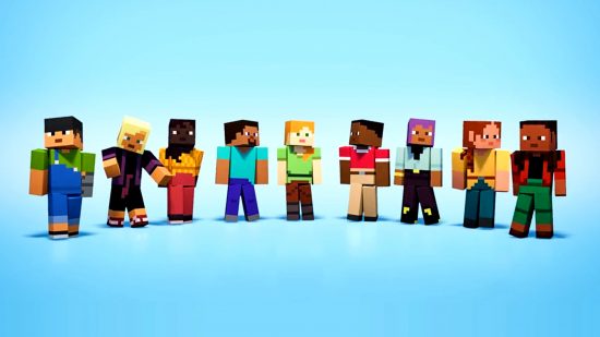 Minecraft Live 2022 - new default skins, left to right: Sunny, Kai, Makena, Steve, Alex, Zuri, Efe, Ari, Noor