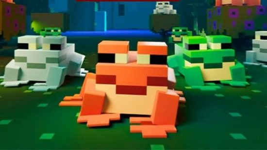 Minecraft mob vote. This image shows three Minecraft frogs walking forwards.