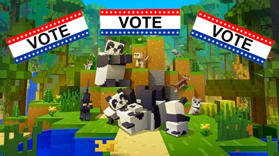 Minecraft mob vote gets the YouTube treatment. This image shows some cute pandas and some vote banners.