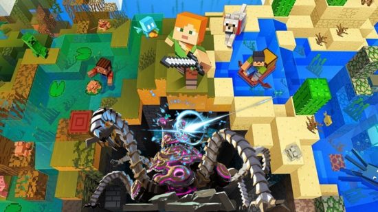 Minecraft mod breath of the wild. This image shows Alex above a pit that has a Zelda guardian in it.