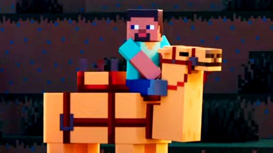 Minecraft Now October 2022 - Steve sitting atop a camel in the crafting game