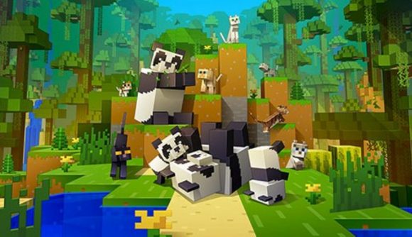 Minecraft PolyMC launcher PSA. This image shows some cute pandas playing.