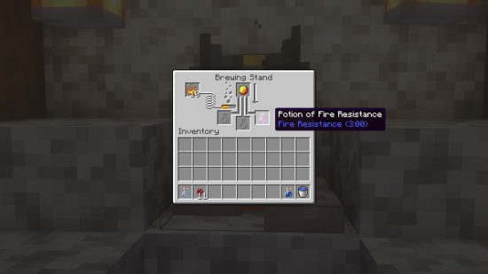 Minecraft potions recipes and brewing guide: Minecraft potion of fire resistance brewing recipe, seen in the brewing stand interface.
