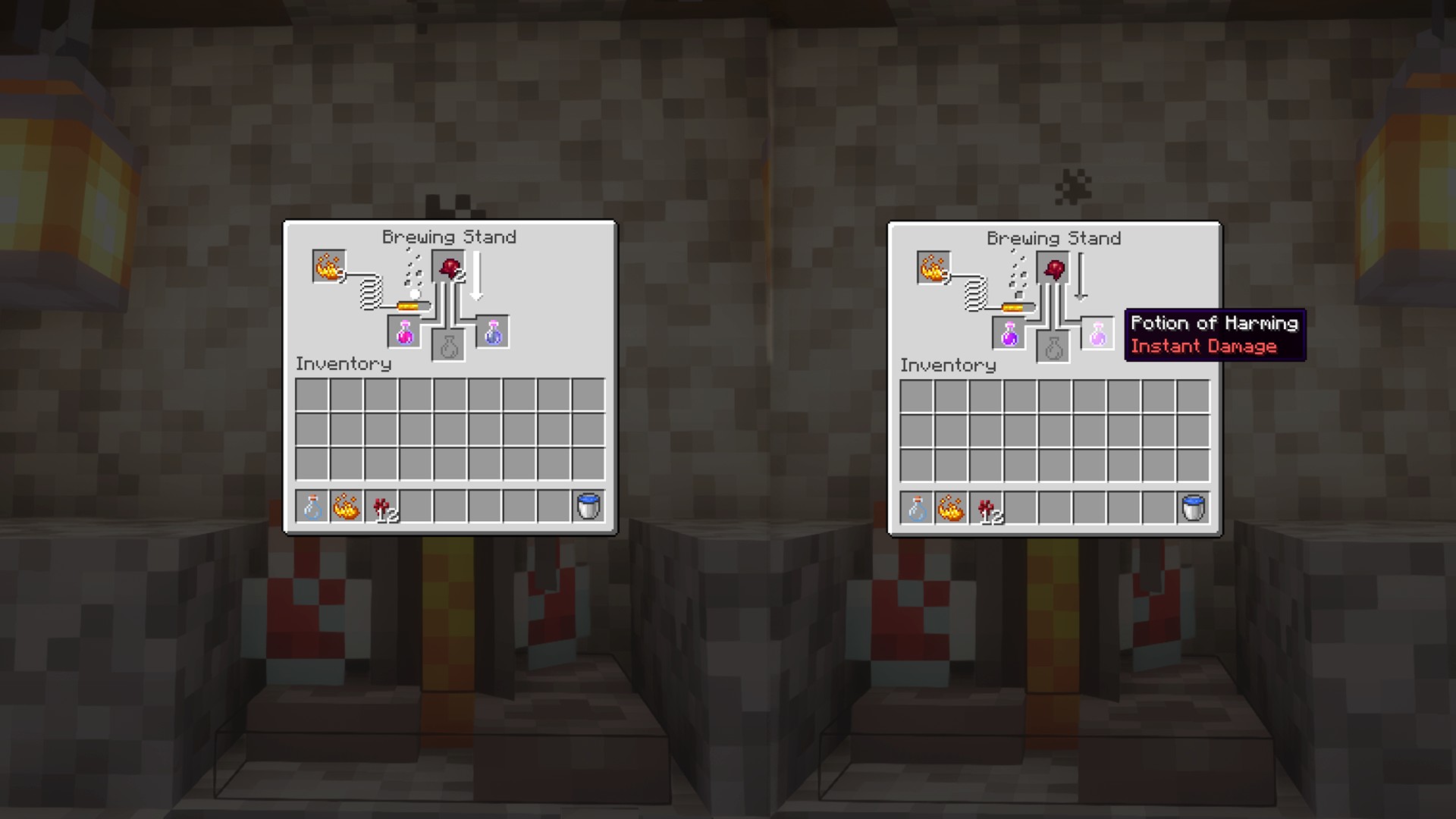 Minecraft potions recipes: the water breathing potion brewing recipe, with a pufferfish in the top slot of the brewing stand interface.