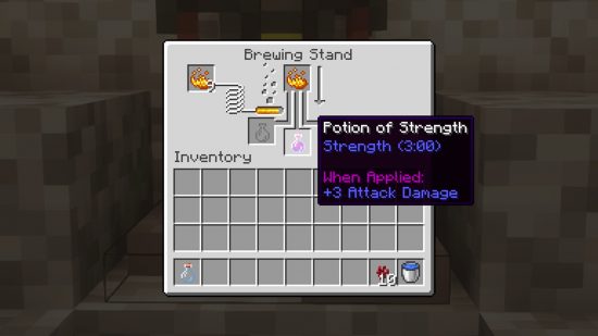 Minecraft potions recipes: the strength potion brewing recipe seen in the brewing stand, with blaze powder as both the fuel and the ingredient.