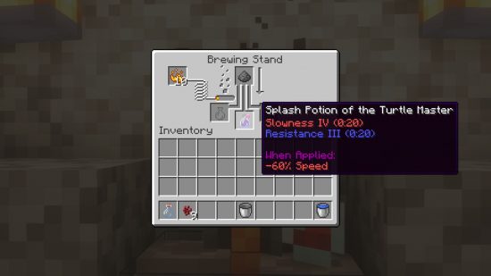 Minecraft potions and brewing guide: The splash potion of the turtle master recipe in the brewing stand interface.