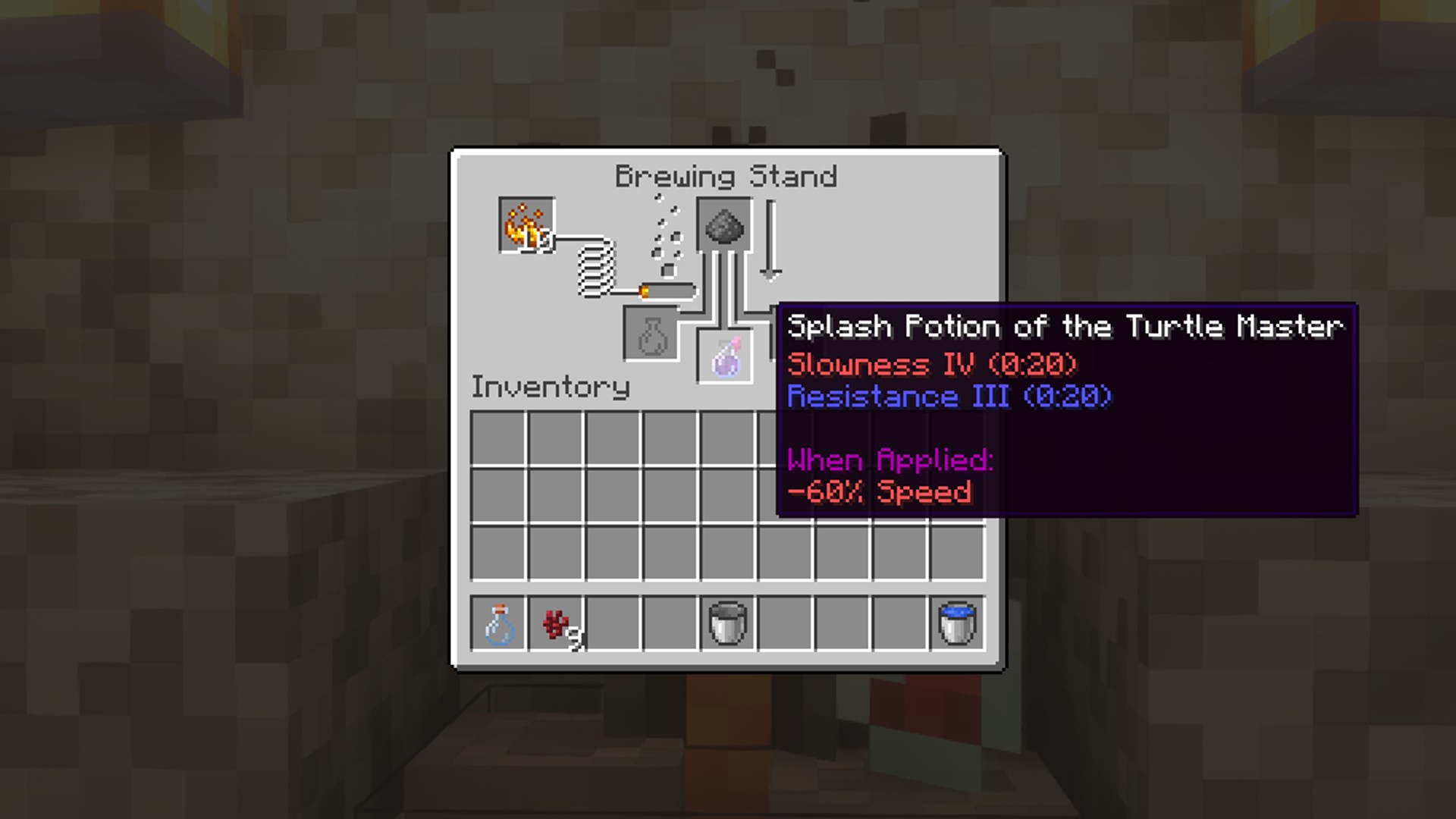 Minecraft potions recipes and brewing guide: Enhanced Minecraft potions recipe - the healing instant health II potion in a brewing stand.