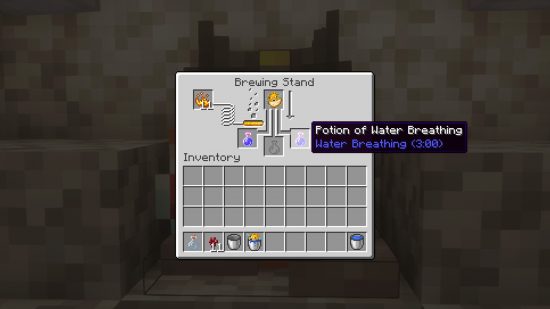 Minecraft potions recipes: the water breathing potion brewing recipe, with a pufferfish in the top slot of the brewing stand interface.