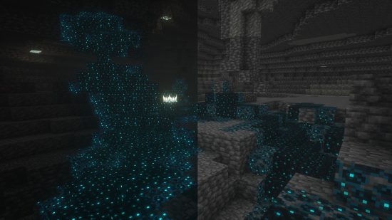 Minecraft potions recipes: The Deep Dark biome as seen with and without night vision.