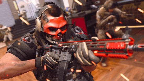 Modern Warfare 2 camo challenges: Ghost firing a red assault rifle