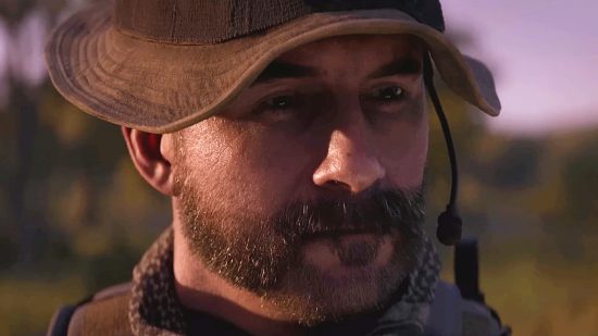 Modern Warfare 2 gunsmith attachments - Captain John Price in his trademark hat and a headset, looking forlorn