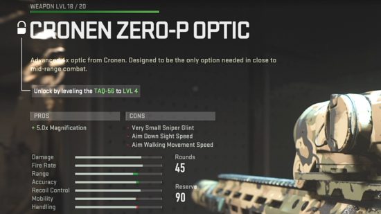 Modern Warfare 2 gunsmith - the Cronen Zero-P Optic - description of it stating that it is an 'Advanced 4x optic' but with a 'Pro' listed below saying '5.0x magnification'