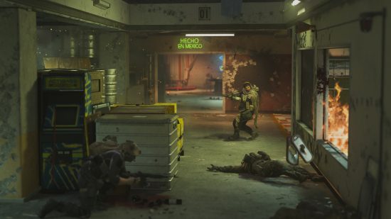 Modern Warfare 2 hardcore mode: One player hiding behind a crate with a Kill Confirmed tag in front of them while another player searches for them