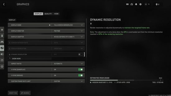 Modern Warfare 2 screen flickering: the graphics settings menu showing, among other settings, the V-Sync toggleable options for gameplay and menus. Both are enabled.