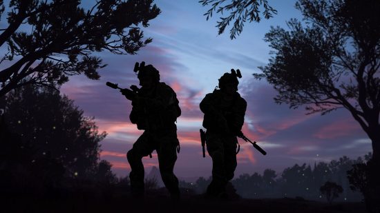 Modern Warfare 2 Spec Ops mission list: two silhouettes of soldiers advancing stealthily through a treeline at the break of dawn in the two-player co-operative mode making its return in Modern Warfare 2.