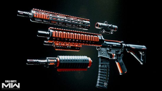 Modern Warfare 2 Vault Edition bonuses: FJX Cinder weapon vault showing a gun with red decals and attachments.