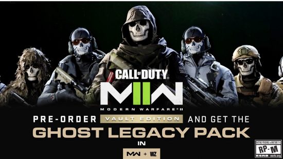 Modern Warfare 2 Vault Edition bonuses: Ghost Legacy pack showing several operators with skull masks holding guns.